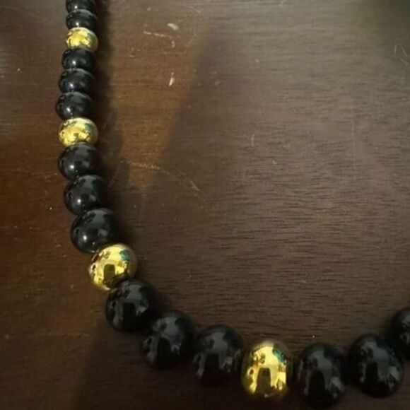 80s Vintage Women Chunky Black Gold Tone Beaded Matinee Opera Necklace Cleopatra - Picture 4 of 6
